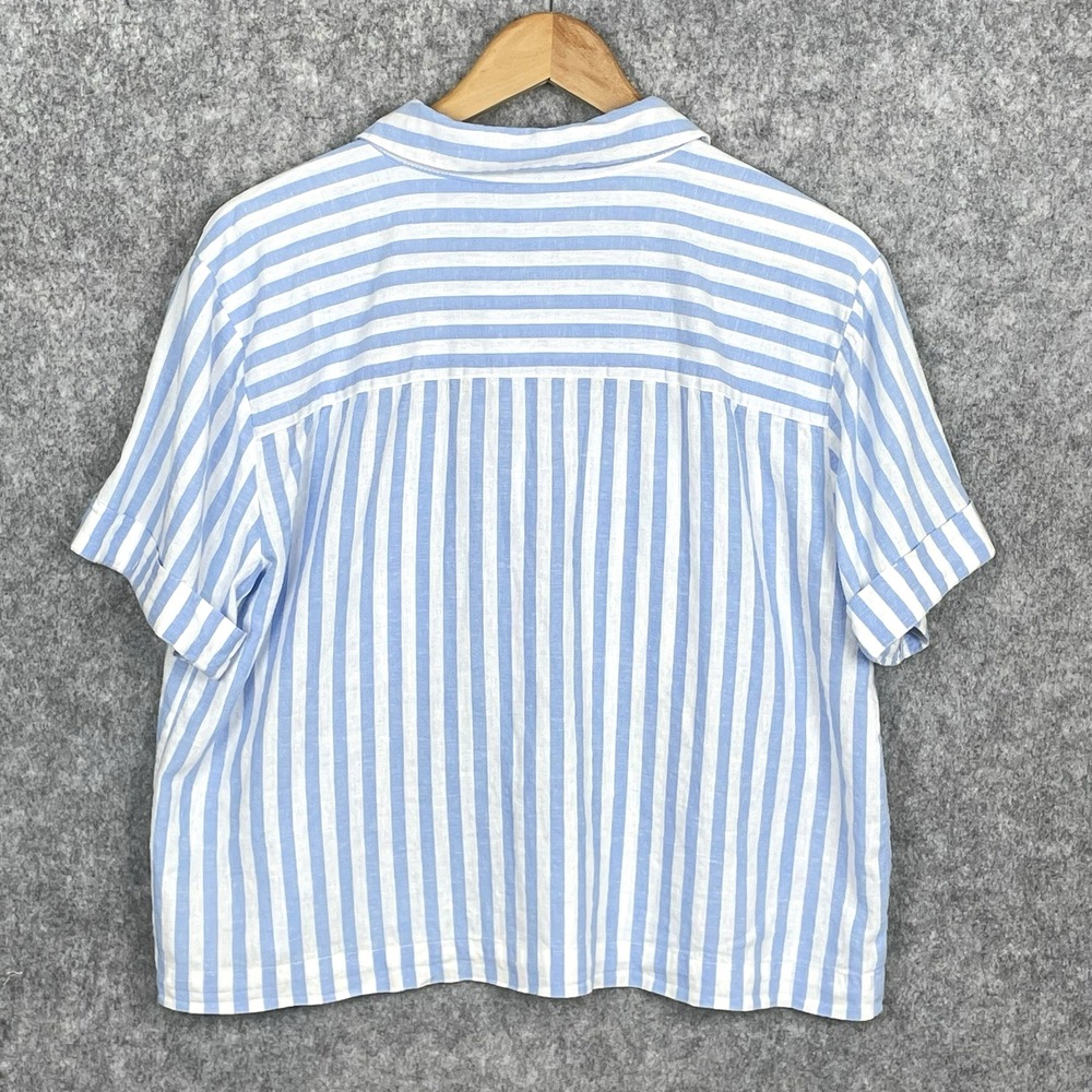 Preppy Coastal Linen Blend Striped Boxy Top Womens L Euro Summer Beach Relaxed - Picture 3 of 8